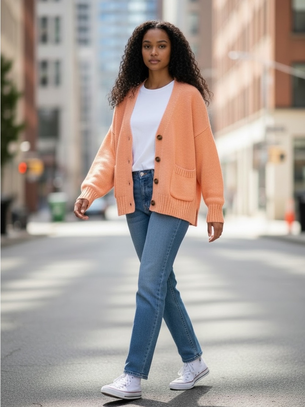 A New Day Women's Knit Cardigan Sweater XS Cotton Peach Button V-Neck Pocket